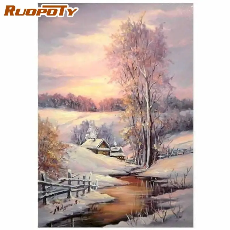 RUOPOTY Framed Painting By Numbers Kits For Adults Small House In Snow Landscape HandPainted Oil Paints Kits For Home Wall Art