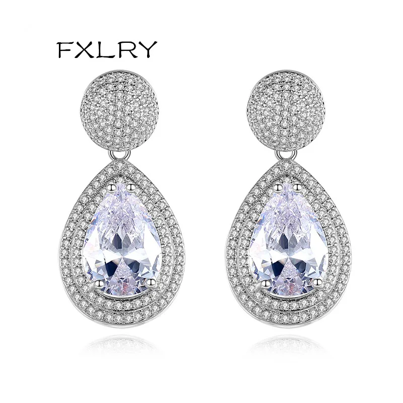 FXLRY Elegant White Color AAA Cubic Zircon Drop Earrings For Women Bridal Wedding Water CZ Stone Fashion Jewelry