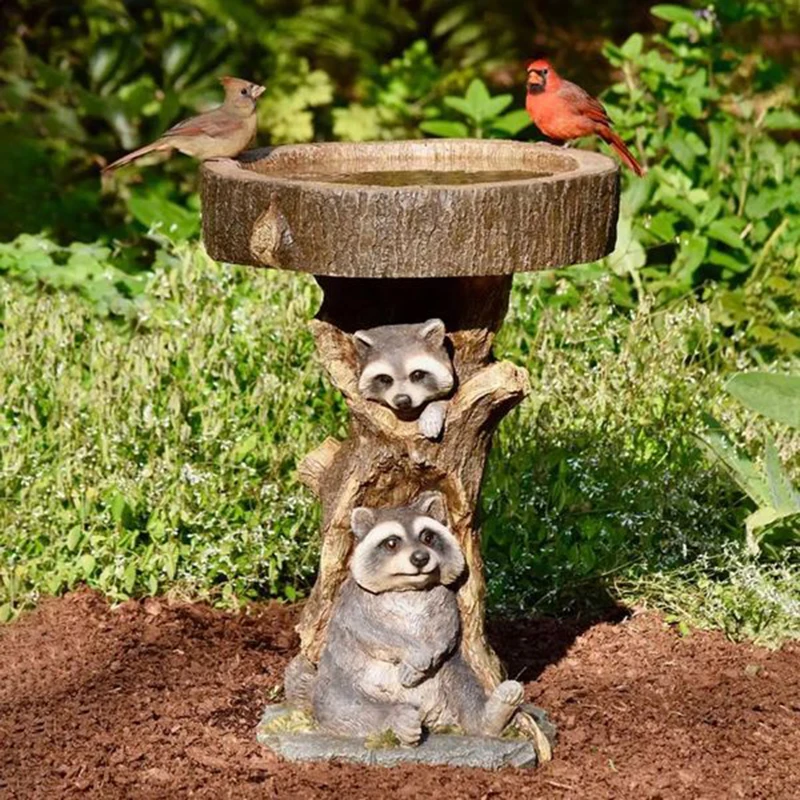 Resin Raccoon Birdbath Animal Statue Outdoor Birdfeeder Resin Decoration Cute Raccoon Garden Ornament For Garden Home