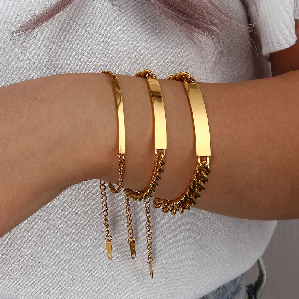 2021 New Fine Polished Bar Plate Charm Cuban Chain Bracelet Bangles For Women 18K Gold Plated Stainless Steel Jewerly For Women