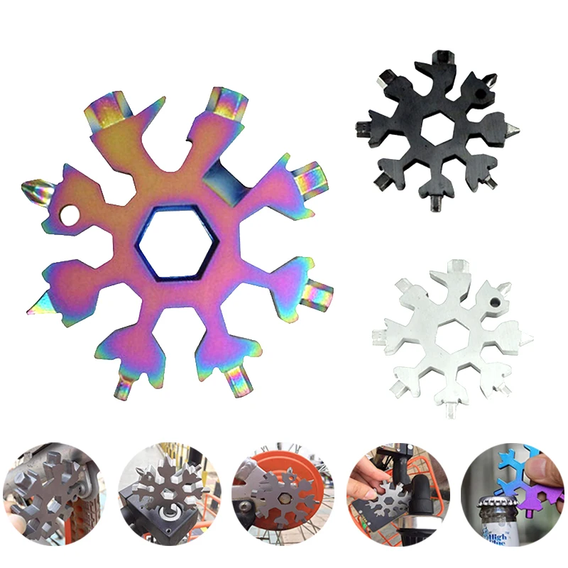 18 In 1 Snowflake Hex Wrench Multi Pocket Tool Spanner Multipurpose Camp Survive Outdoor Hike Key Ring Key Chain