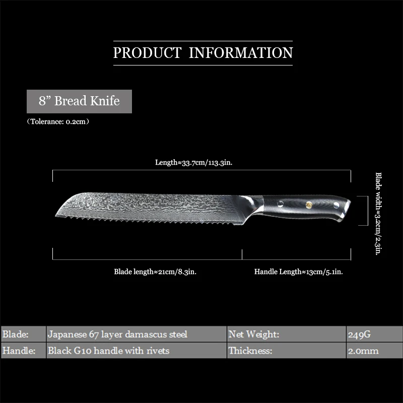 SW Handmade Damascus Steel Bread Knife 67 Layer Professional Kitchen Cutting baking Tools G10 Handle Gifts Presents 8 inch 2024