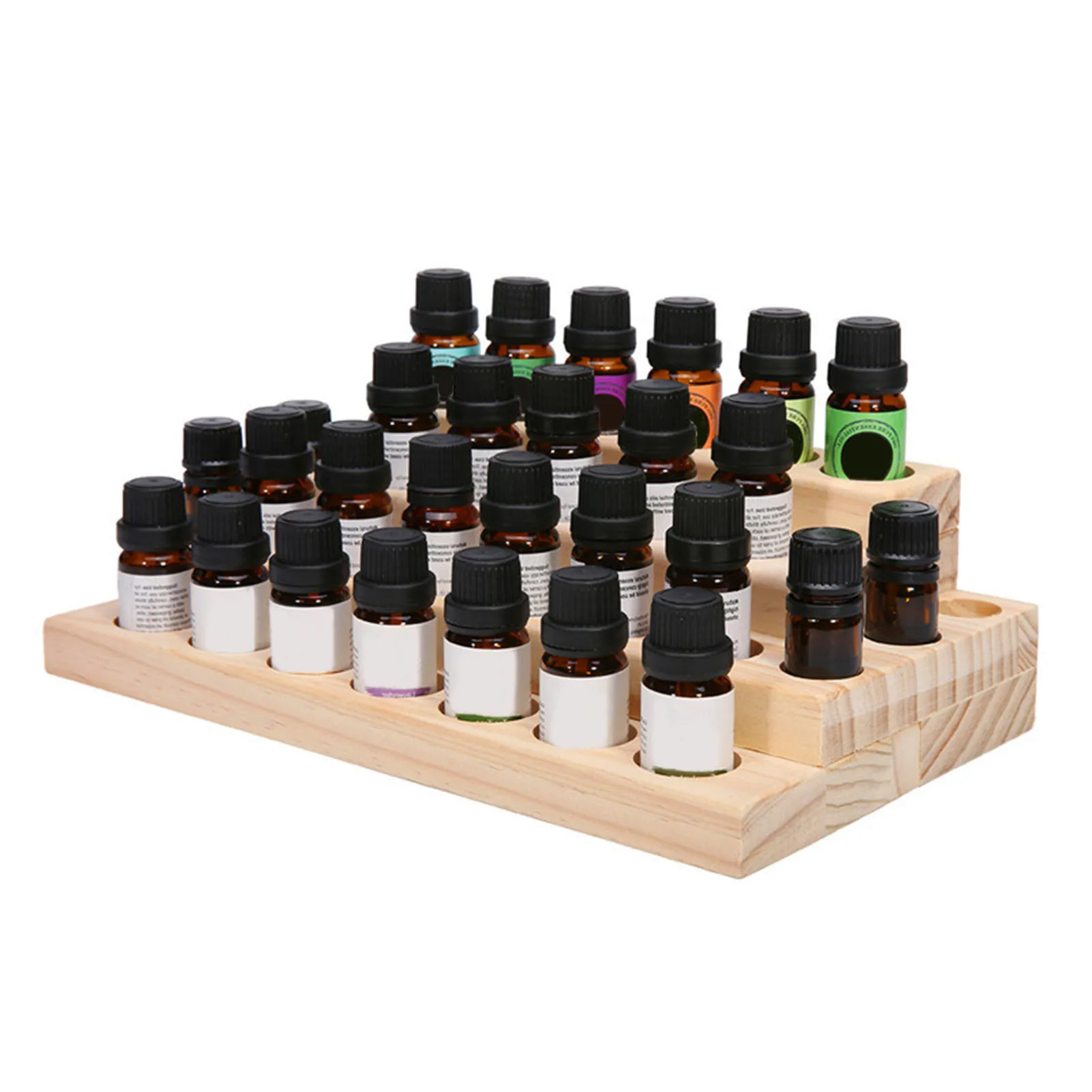 Caja de almacenamiento de aceite esencial, estante de madera de 4 niveles con 30 ranuras, organizador de botellas, soporte de exhibición de aceite esencial