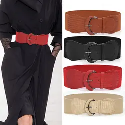 Moda feminina ampla cintura elástica cinto vestido cinto acessórios estiramento elástico largo espartilho cintura fivela de metal feminino cummerbund