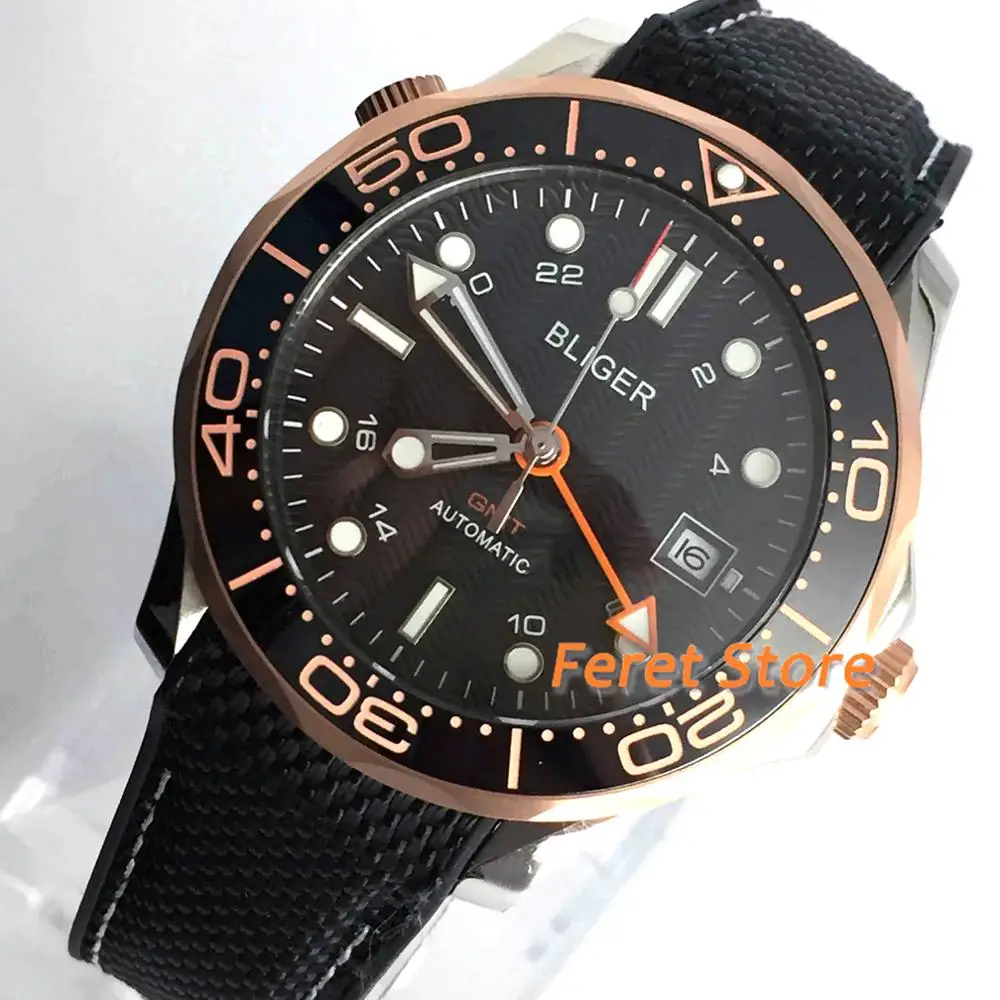 

Bliger 41mm GMT 3804 Automatic watch men Sapphire Crystal waterproof dial date black ceramic bezel rubber bracelet