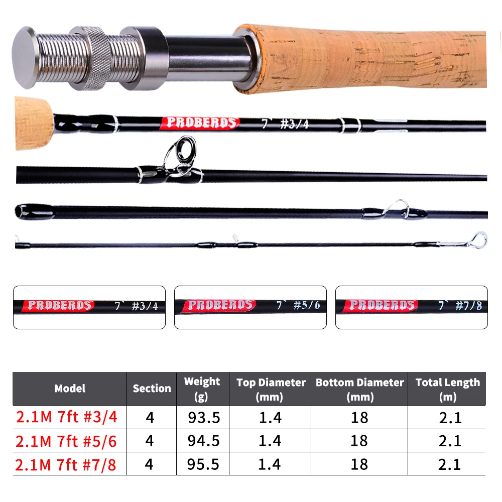 PROBEROS Fly Fishing Rod 7FT&9FT 2.1M&2.7M 4 Section Line wt 3/4 5/6 7/8 Soft Cork Handle Fly Rod Fishing Tackle