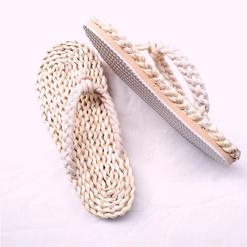 akexiya Fashion Women\'s Men\'s Straw Slippers Handmade Chinese Sandals Unisex Summer Home Shoes New Couple Shoes Flat Size 43 44