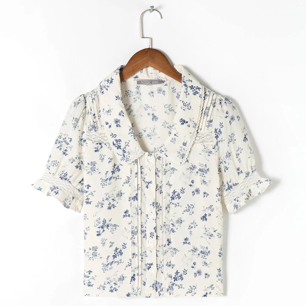 Imagem -04 - Camisa Estampada Floral Feminina Gola em v com Lapela Renda Manga Curta Soprada Blusas de Botão Top Elegante Moda Vintage Verão 2023