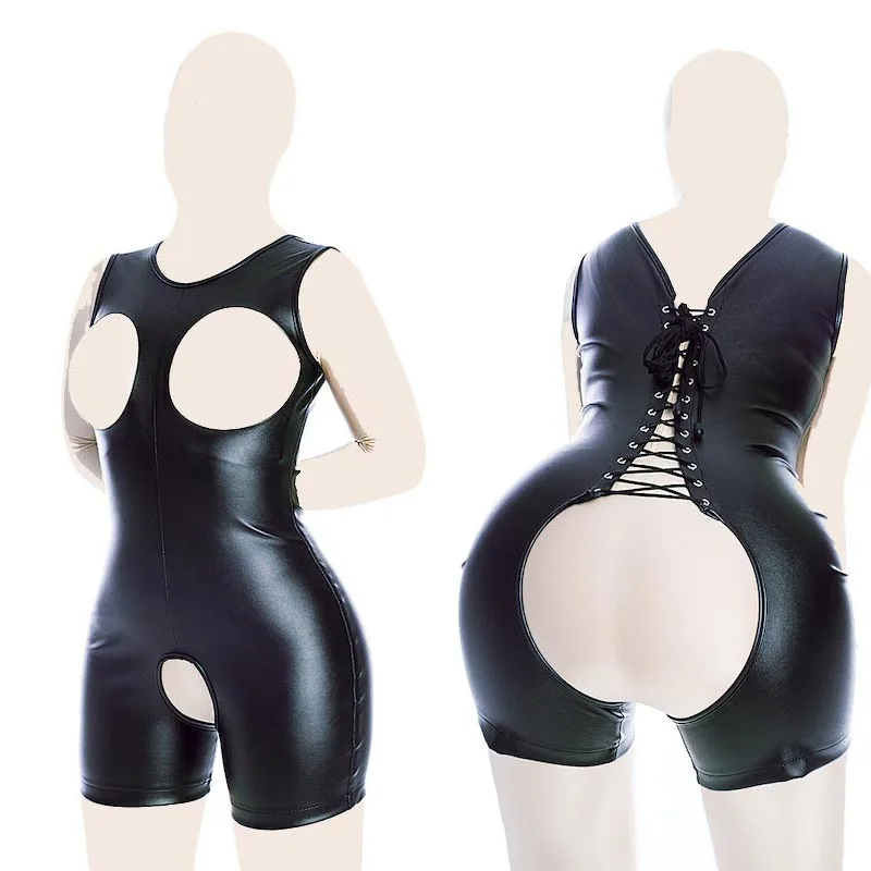 

Women PU Leather Erotic Cupless Romper Bodysuit Back Lace Up Tight Fit Open Butt Crotchless Body Harness Fetish Lingerie