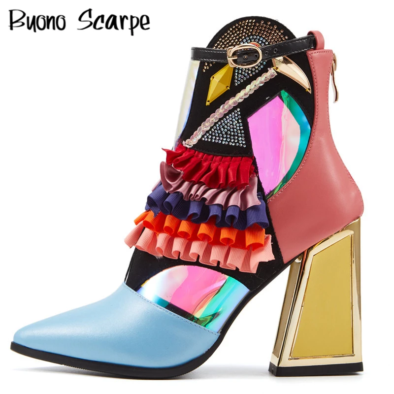 

Ruffles Bird Decor High Heels Shoes Women Ankle Boots Chunky Heels Short Boots Bling Rhinestone Botas Zipper Ladies Footwear New