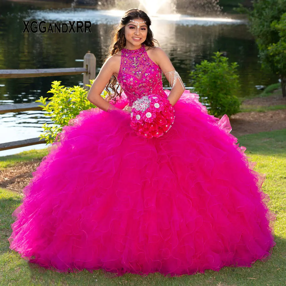 Vestido de baile de quinceañera con cuello Halter, vestido con volantes y cuentas de cristal, para 15 y 16 años, fiesta de cumpleaños y graduación, 2022