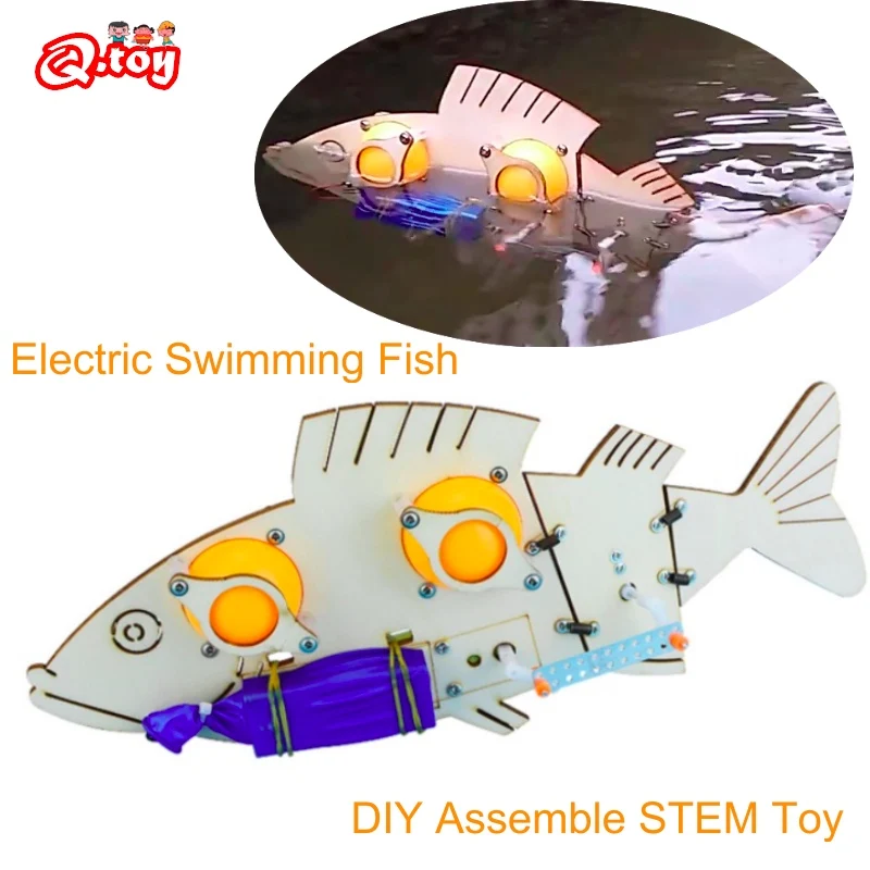 Wooden STEM Toys Puzzle Electric Swimming Fish DIY Kit Assemble Technology Educational Science Experiment Machnical Fish Model