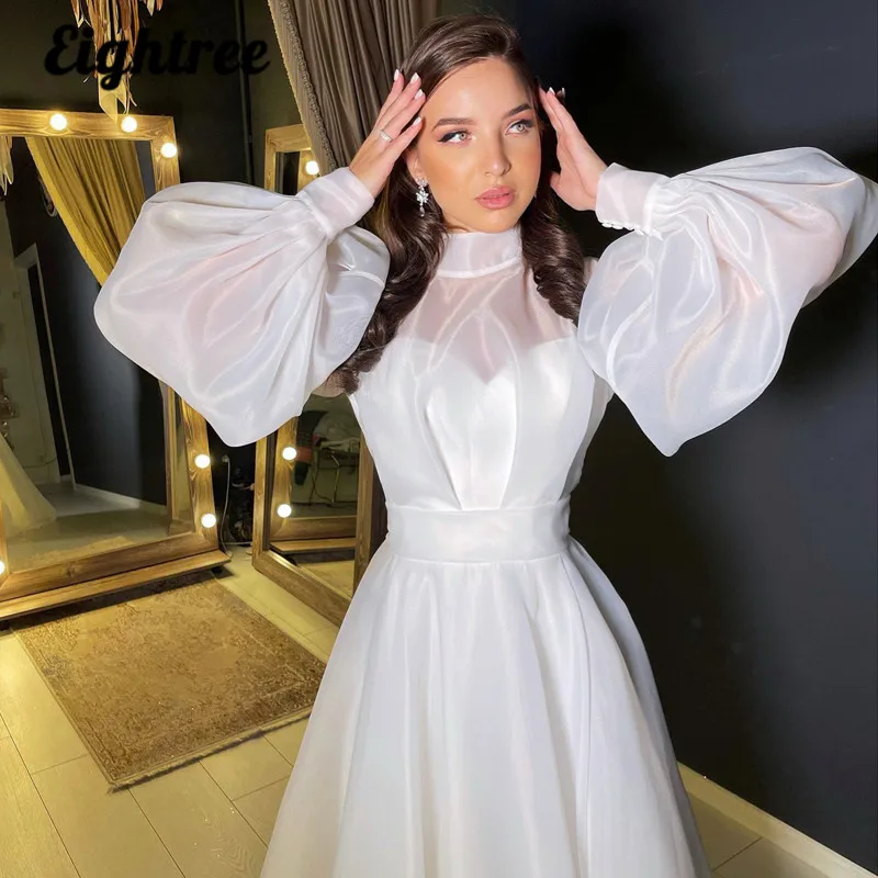 Eightree vestidos de casamento sexy 2022 puff manga alta pescoço vestido de noiva organza a linha até o chão casamento vestido de noite plus size