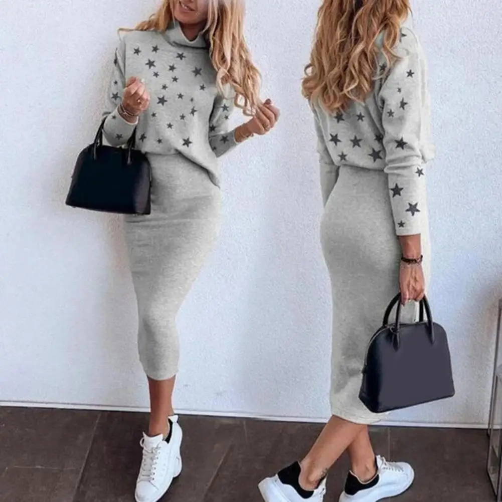 Women Skirt Suit Streetwear Blouse Skirt Lady Turtleneck  Casual Bodycon Mid-Calf Blouse Skirt Костюмы с юбкой костюм женский