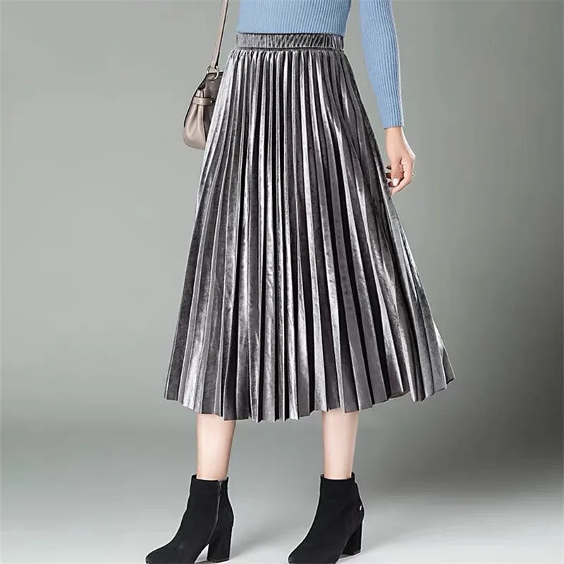 RuiLee Chic office Elegant Women Long Metallic Silver Maxi Pleated Skirt Midi Skirt High Waist Elascity Casual Party Skirt