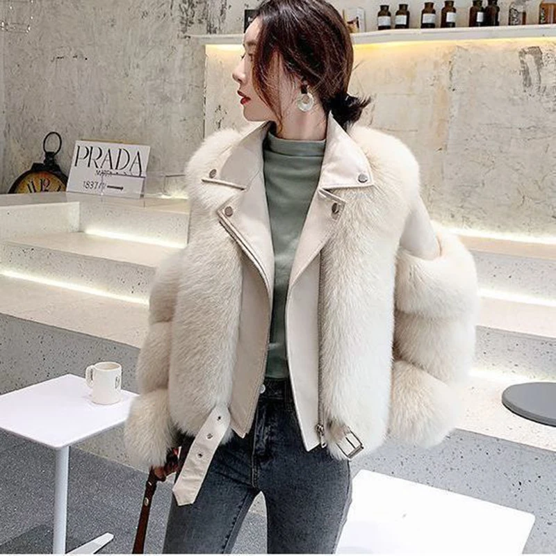 Novel Winter New Faux Fox Fur Coat Women's Motorcycle  Thicken Faux Leather Fur Coat Female Fur Lining Leather Jacket