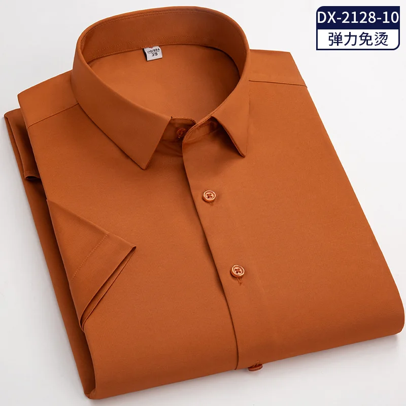 Casual masculino fino estiramento manga curta camisas de vestido único remendo bolso padrão-ajuste trabalho formal escritório sólido básico camisa masculina