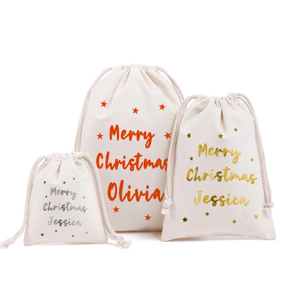 Sacos de Navidad personalizados con nombre de bebé, bolsas de algodón con cordón para regalos, medias de Navidad, Navidad y Año Nuevo