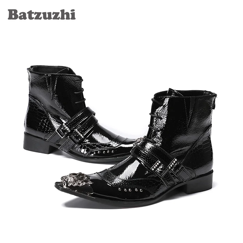 

Batzuzhi Genuine Leather Boots Men Handmade Men Boots Pointed Metal Tip Western Cowboy Motorcycle Boots Black Cool Botas Hombre