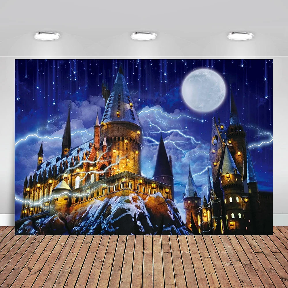 

Magical Castle Backdrop Night Full Moon Photography Background Halloween Sorcerer Party Decoration for Children Kids Studio