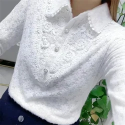 Doll Collar Lace Shirt Women Blouses Hollow Pullover Shirt Spring Long-sleeve Buttons Tops Elegant Female White Lace Blouses