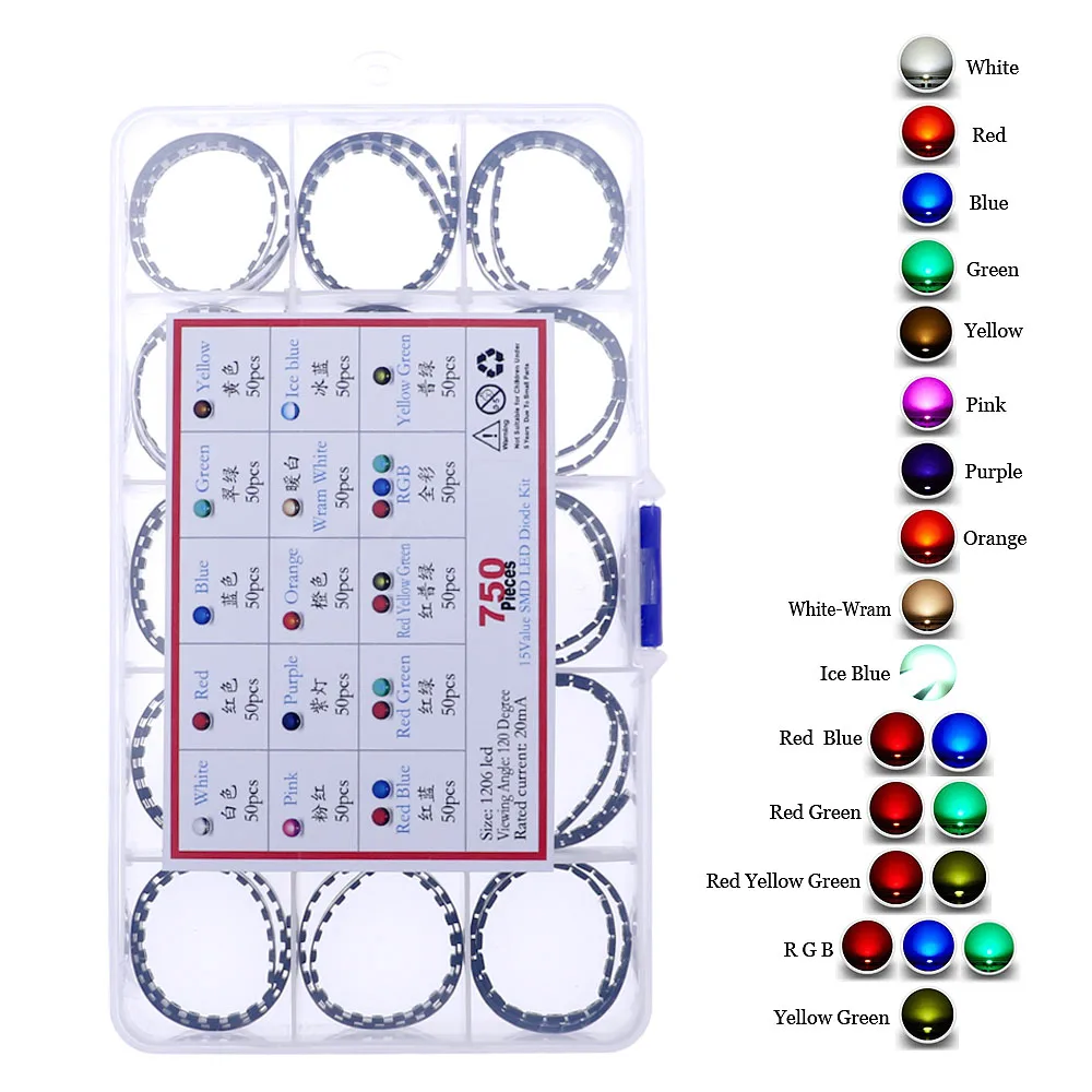 750Pcs 15Value x 50pcs 1206 SMD LED Diode kit set White Red Green Blue Yellow Warm Orange Pink Purple RGB With box