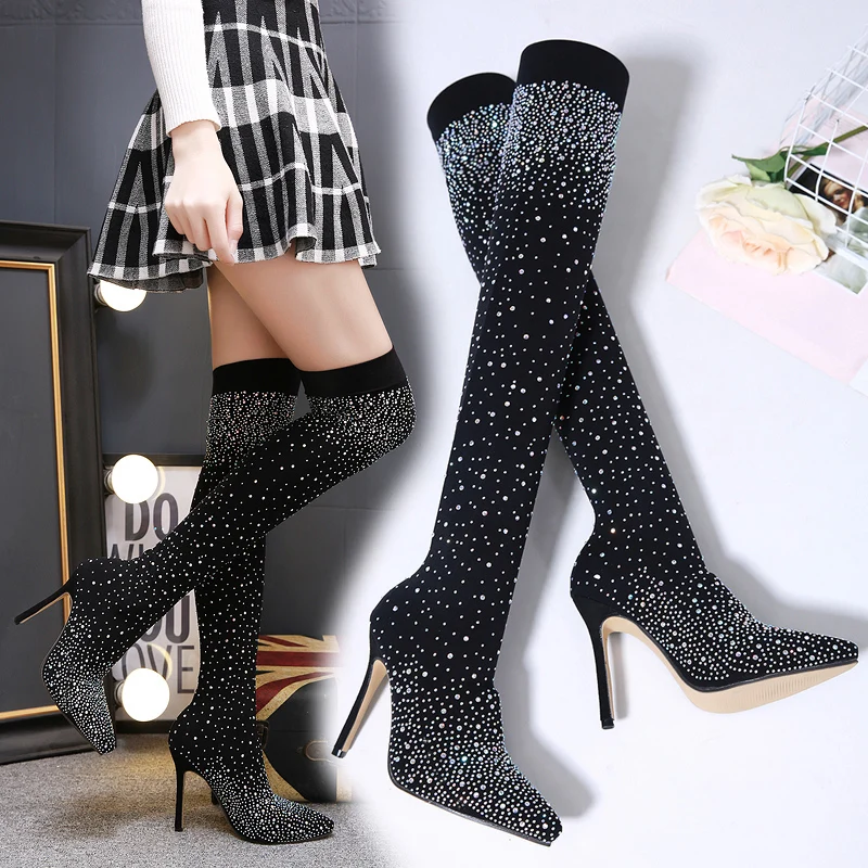 

2021 Autumn Winter Women Boots Stretch Slim Thigh High Boots Glitter Fashion Over the Knee Boots High Heels Shoes Woman Sapatos