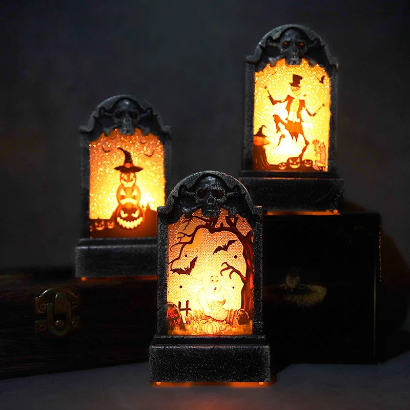 Halloween Props Tombstone with LED Light Glowing Pumpkin Skull Ghost Black Cat Tomb Garden Haunted House Halloween Party Decor