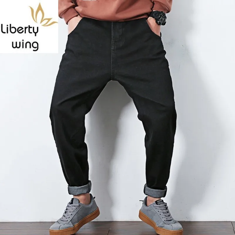 New Winter Fleece Lining Jean Plus Size Mens Black Cotton Harem Male Casual Loose Fit Denim Pants M-6XL