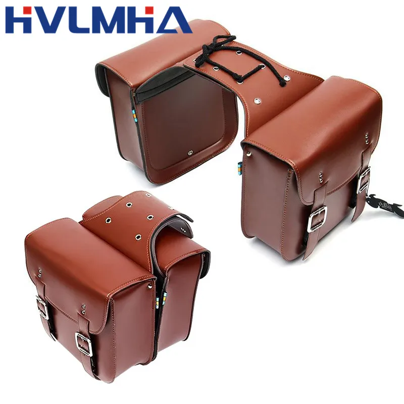 Motorcycle Saddlebags PU Leather Side Tool Pouch Gloves Luggage Saddle Bags Vintage Brown Universal