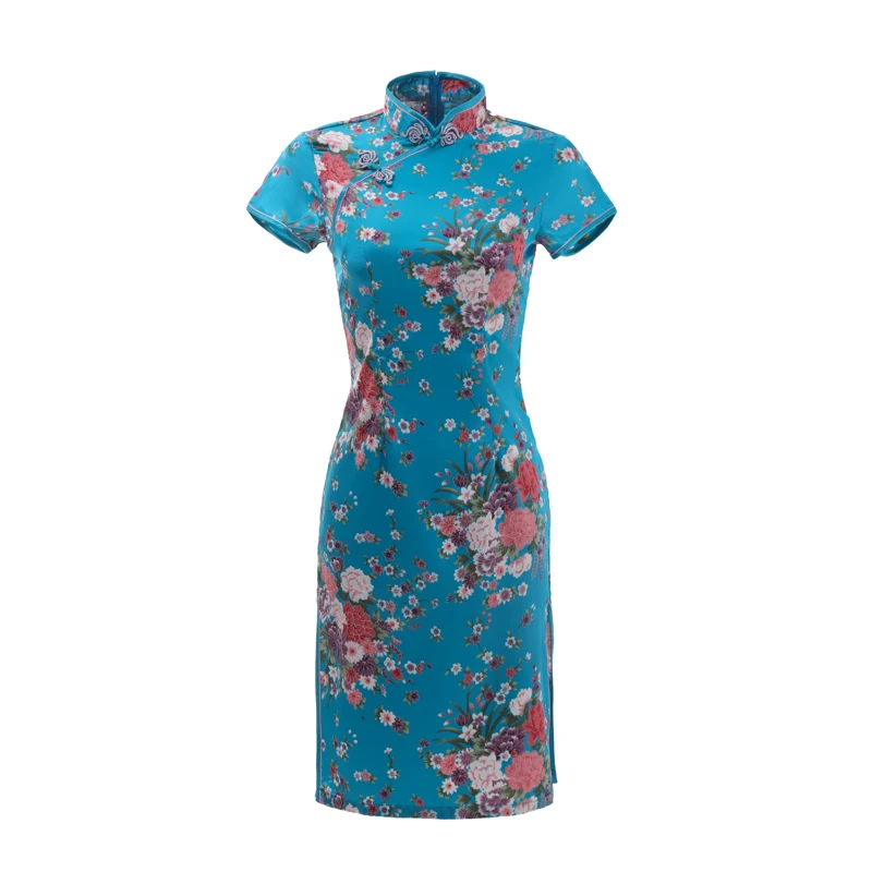 Sexy magro vestido de verão senhoras curto cheongsam tradicional estilo chinês vestido rayon impressão floral palco mostrar qipao