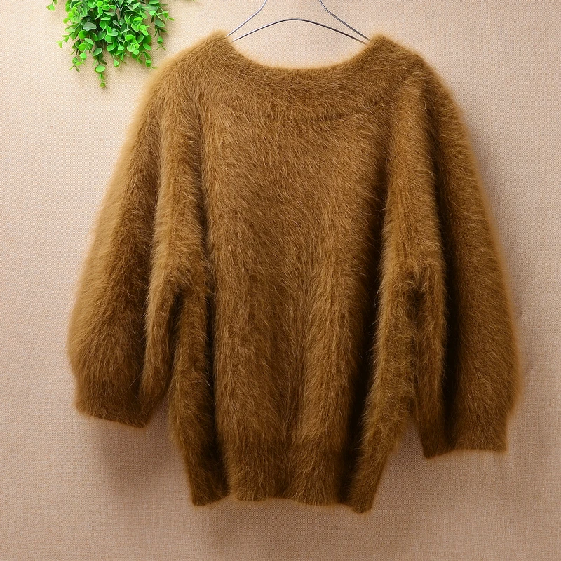 Korean women\'s short brown sweater Plush Angora rabbit hair knitted waist closed foam sleeve o-neck sable coarse pullover