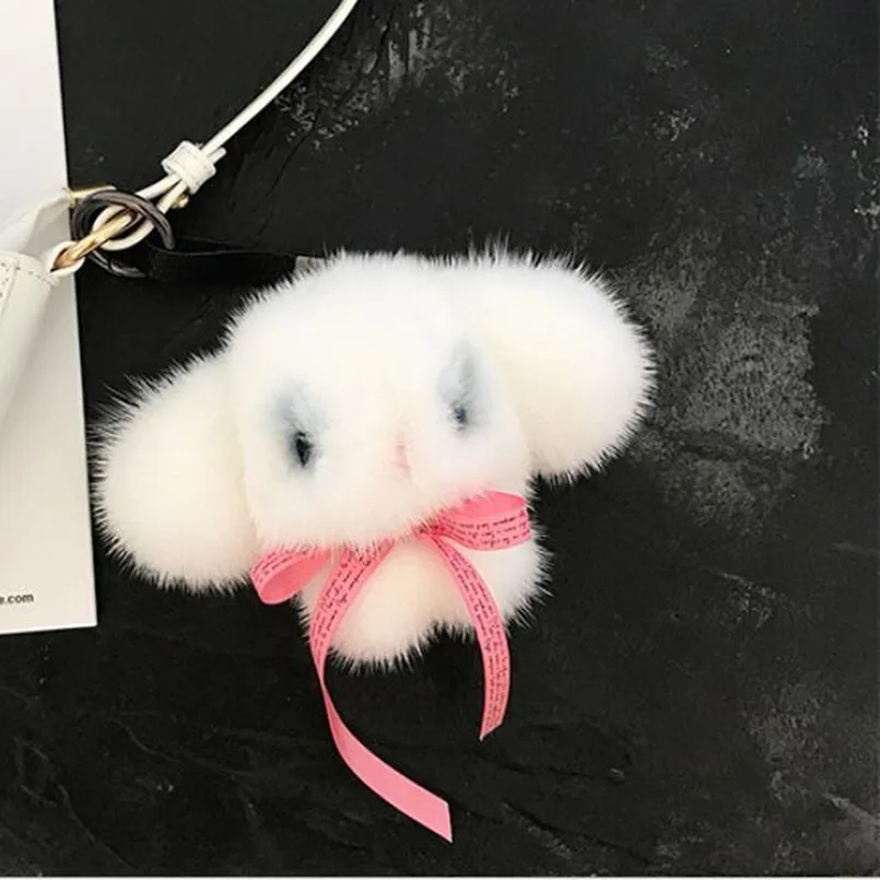 

Luxury Real Mink Fur Dog Pompom Ball Keychain Handbag Pendant Car Keyring Bag Charms