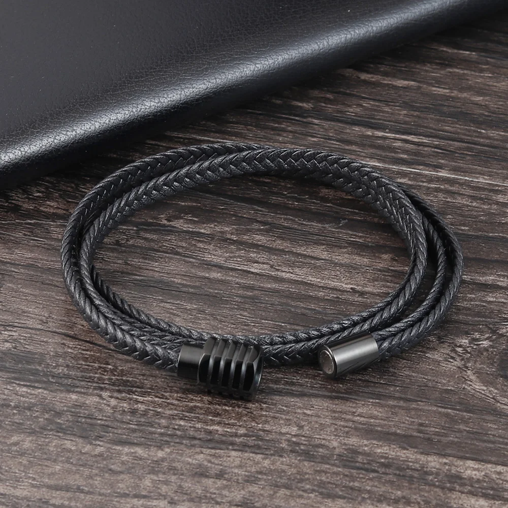 Fashion Black Genuine Leather Bracelet Black Stainless Steel Clasp Multi Layer Braid Rope Chain Wristband Vintage Gifts