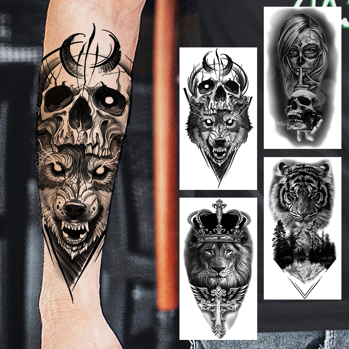 Black Wolf Skull Temporary Tattoos For Men Adults Realistic Lion Tiger Forest Crown Vampire Fake Tattoo Sticker Forearm Tatoos