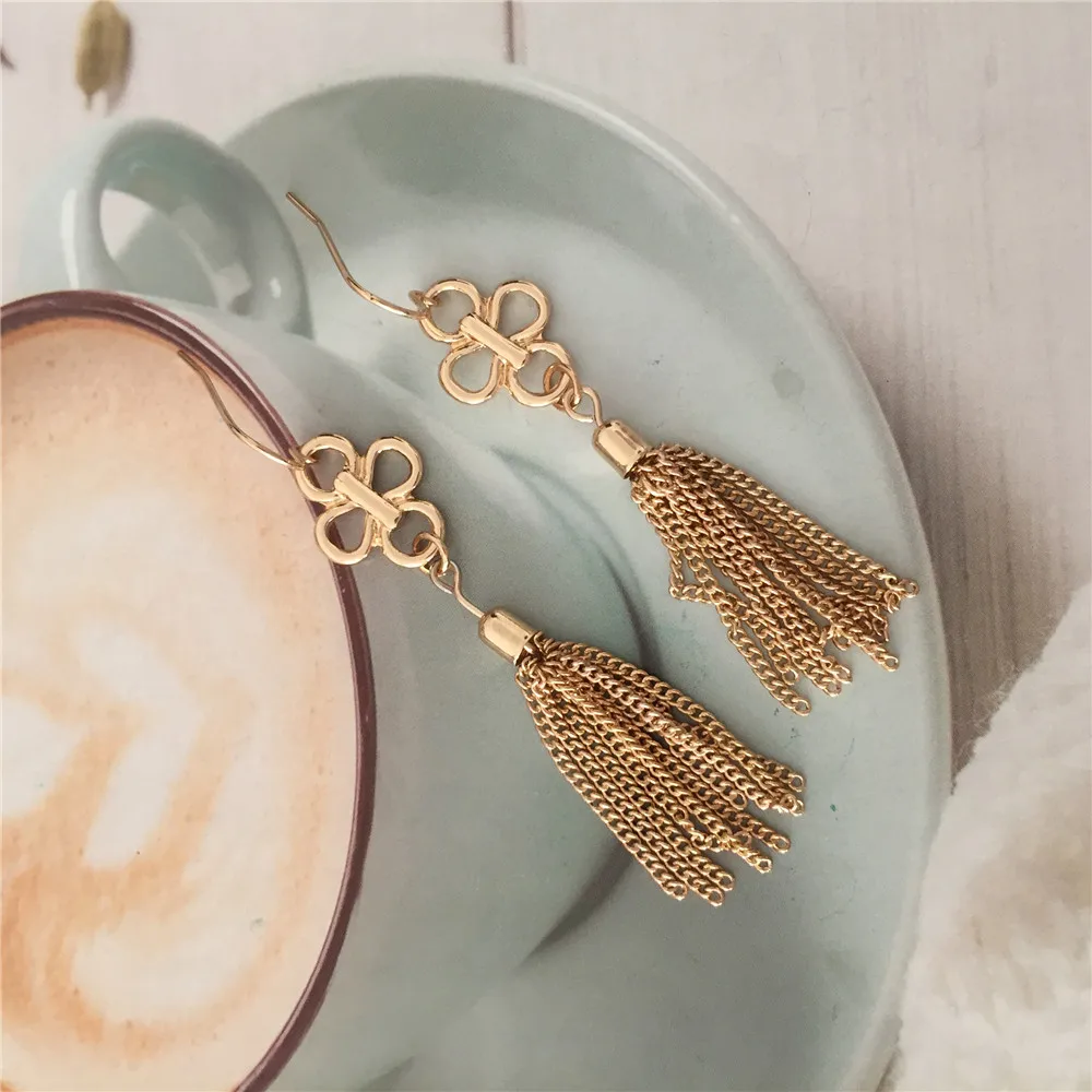 Casual Gold Color Plating Ribbon Knot with Chain Tassel Drop Earrings For Women Bohemia Elegant Vintage Lovely Jewelry