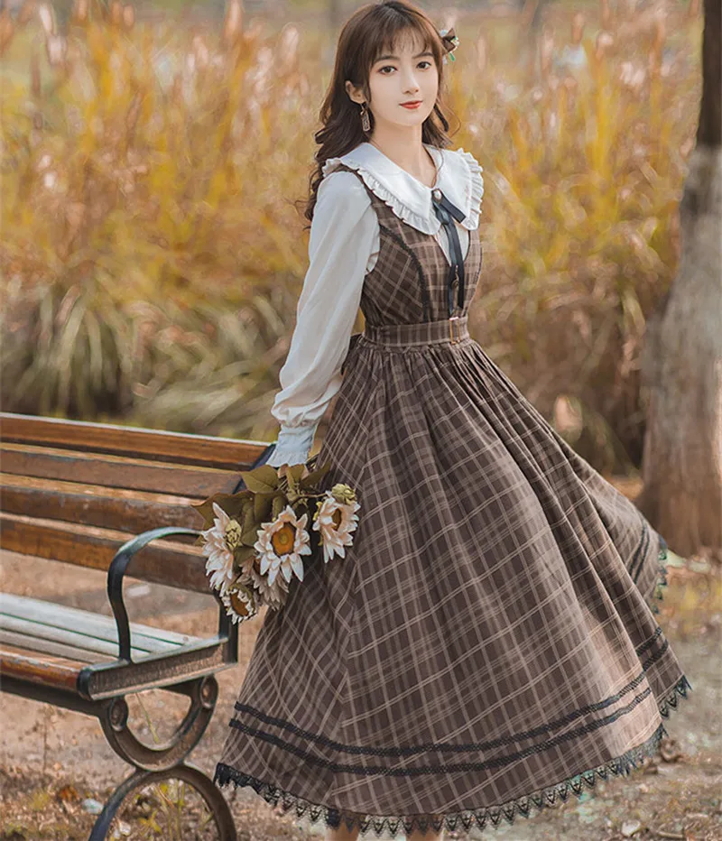 Spring Autumn Midi Long Plaid Skirt Women Vintage High Waist Belted Lace Stitch Pleated Suspender Skirt Lolita Cute Jumpsuits