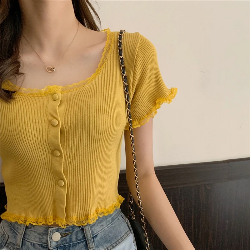 Women Patched Lace O-Neck Knitted Short Sleeve Thin Sweaters Cardigans Lady Single-breasted Buttons Sweater Crop Tops Female