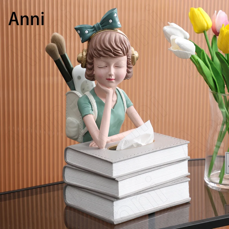 Creativity Backpack Girl Resin Tissue Boxes European Modern Painted Cartoon Character Ornaments Desktop Paper Towel Organization