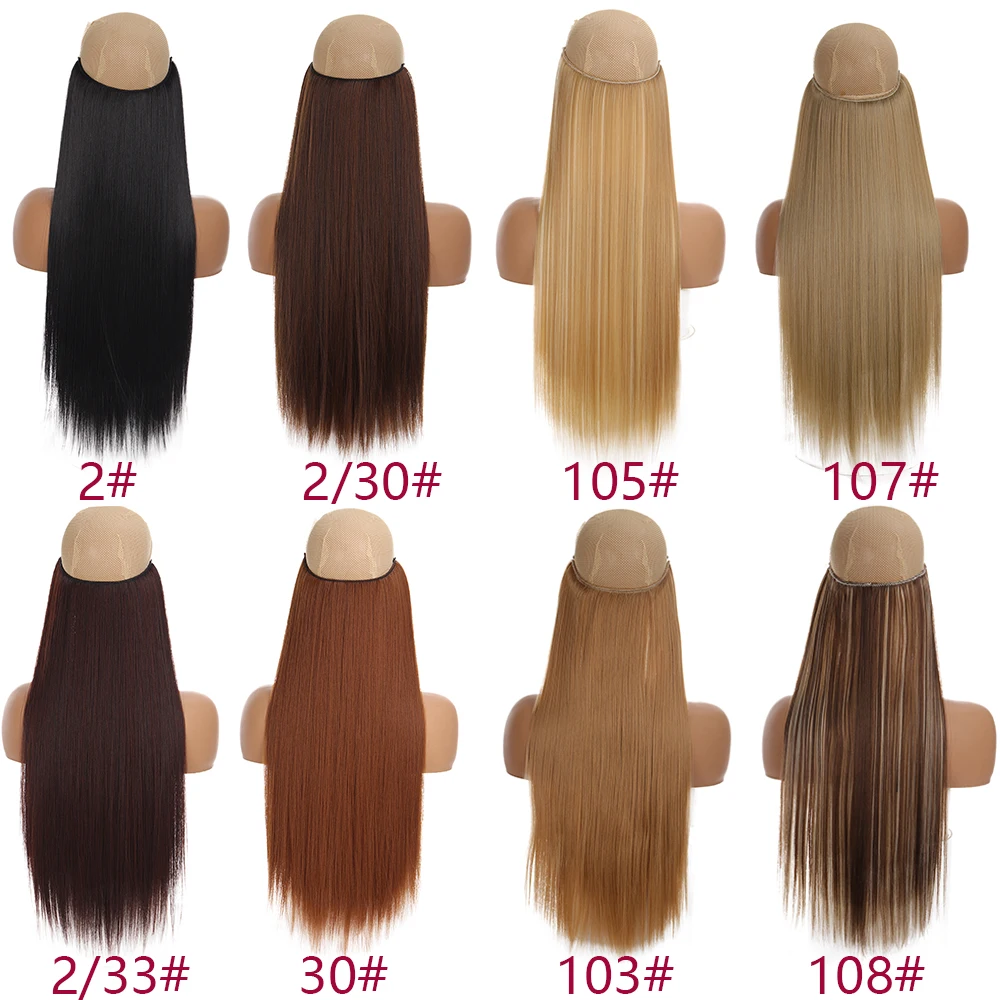 MANWEIGE-Natural invisível fio-em extensões de cabelo sintético, nenhum clipe com linha Secreta, fácil anexar cabelo Halo, 24 polegadas