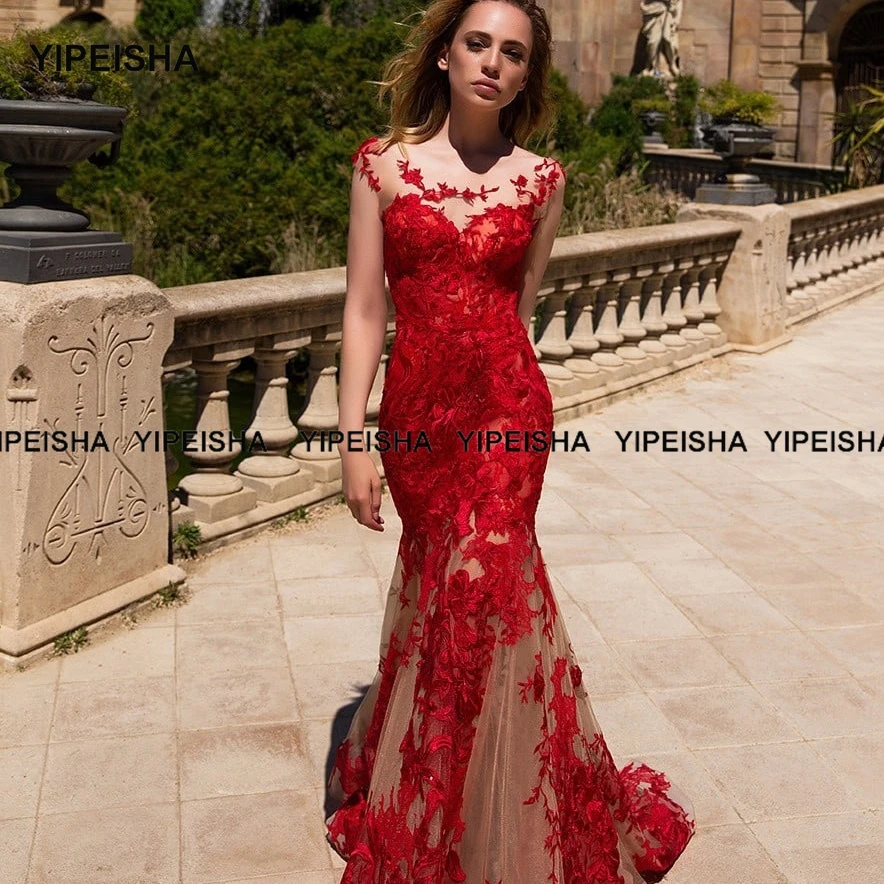 Yipeisha – robe de soirée de forme sirène, en dentelle rouge, avec traîne détachable, manches longues, grande taille, robes de fête formelles