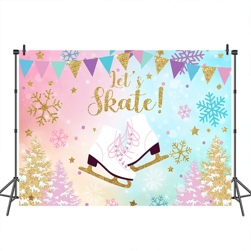 

Let's Skate theme Party Photography Backdrop Colorful Snowflake Forest backdrops Birthday Party Baby Shower Banner Decor