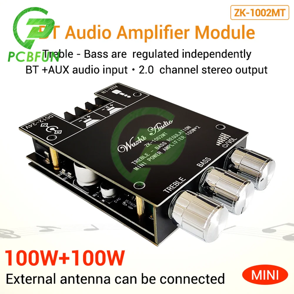 ZK-1002MT 2*100W Bluetooth 5.0 Amplifier Board Dual Channel Audio Power Amplifier Board Module withHigh and Bass Adjustment