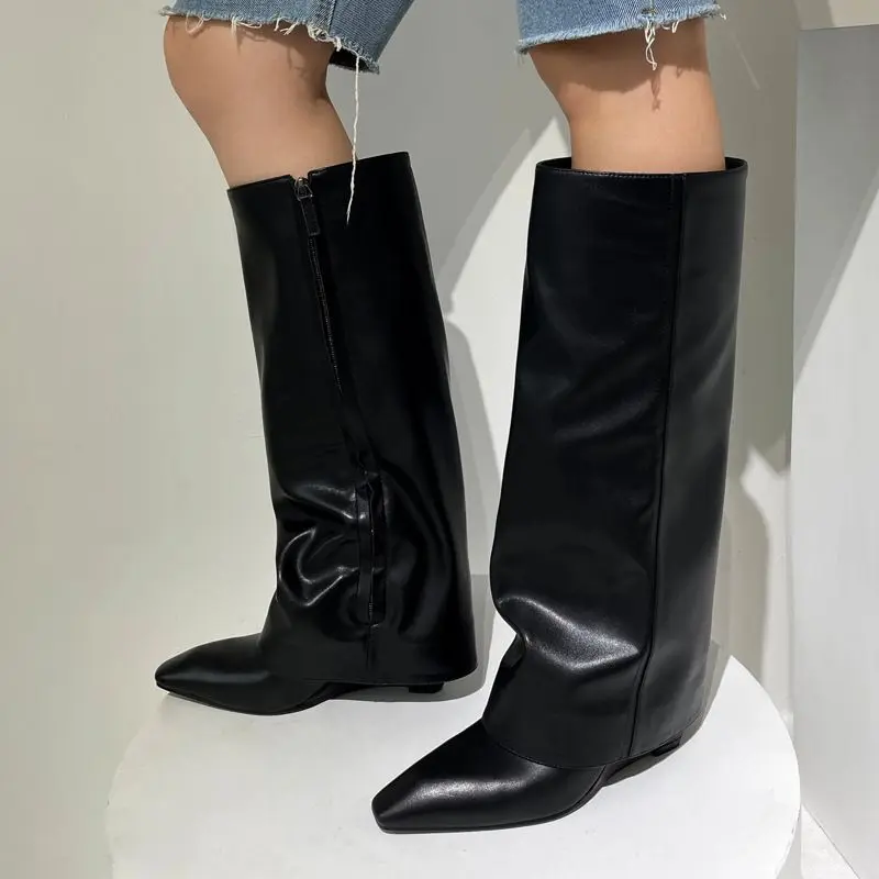 Fashion Black Women Wedge Fold Knee High Heel Boots Square Toe Long Female Wedges Botas Mujer Motorcycle Shoes Woman Winter