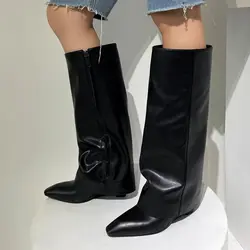 Moda czarne kobiety Wedge Fold kolana buty na wysokim obcasie kwadratowe Toe długie damskie kliny Botas Mujer buty motocyklowe kobieta zima