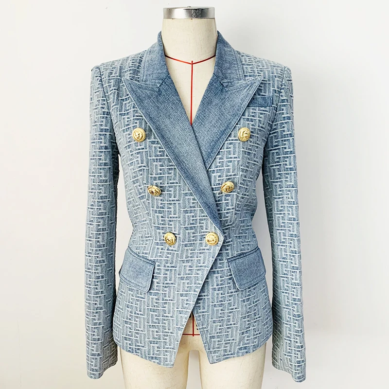 HIGH QUALITY Newest Fashion 2024 Designer Jacket Women Slim Fitting Double Breasted Lion Buttons Geometric Denim Blazer