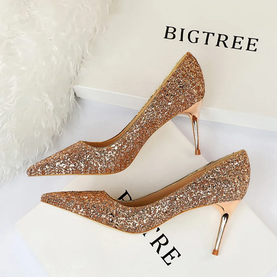 BIGTREE Shoes Women 7 Cm Heels Shiny Sequin Cloth Women Pumps Metal Heel Lady Heels Fashion Wedding Shoes Luxury Party Shoes