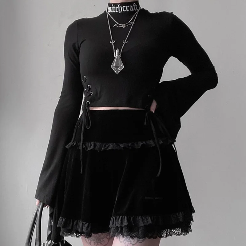 Goth Black Velvet Lace Trim Mini Skirts for Women Y2K Sexy Vintage Cross Embroidery A Line High Waist Pleated Short Skirt Summer