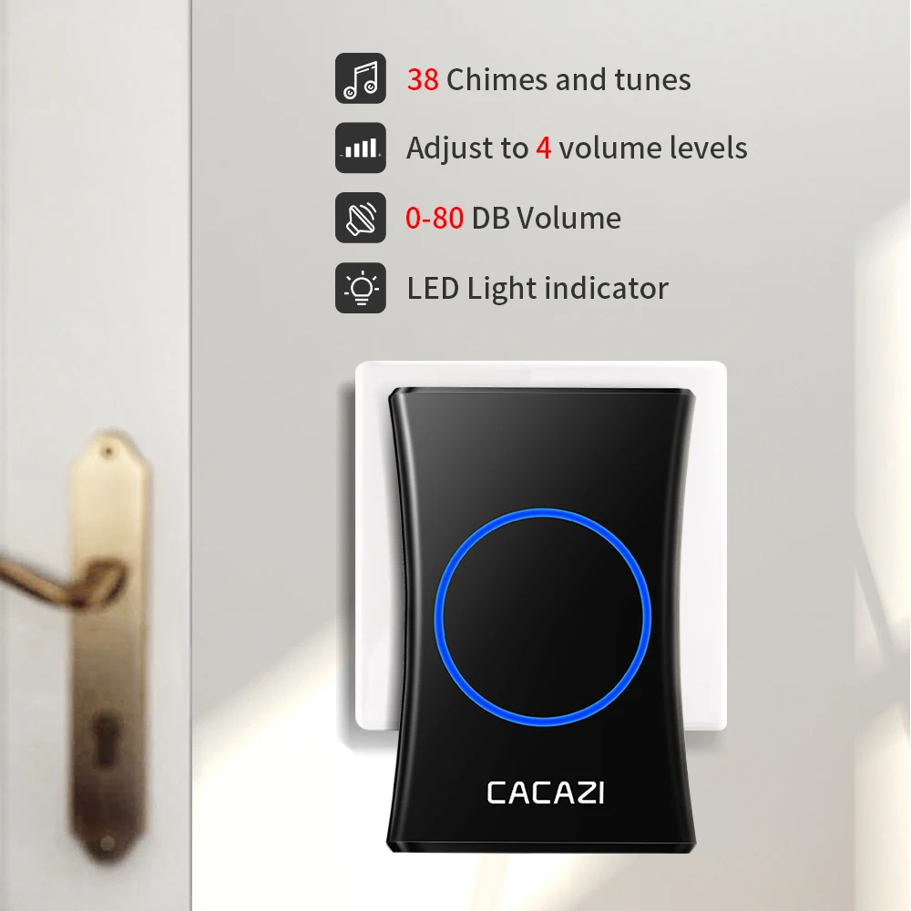 CACAZI Waterproof Wireless Doorbell 3 4 Battery Button 1 2 3 Receiver 300M Remote Control Home Call Bell Chime US EU UK Plug