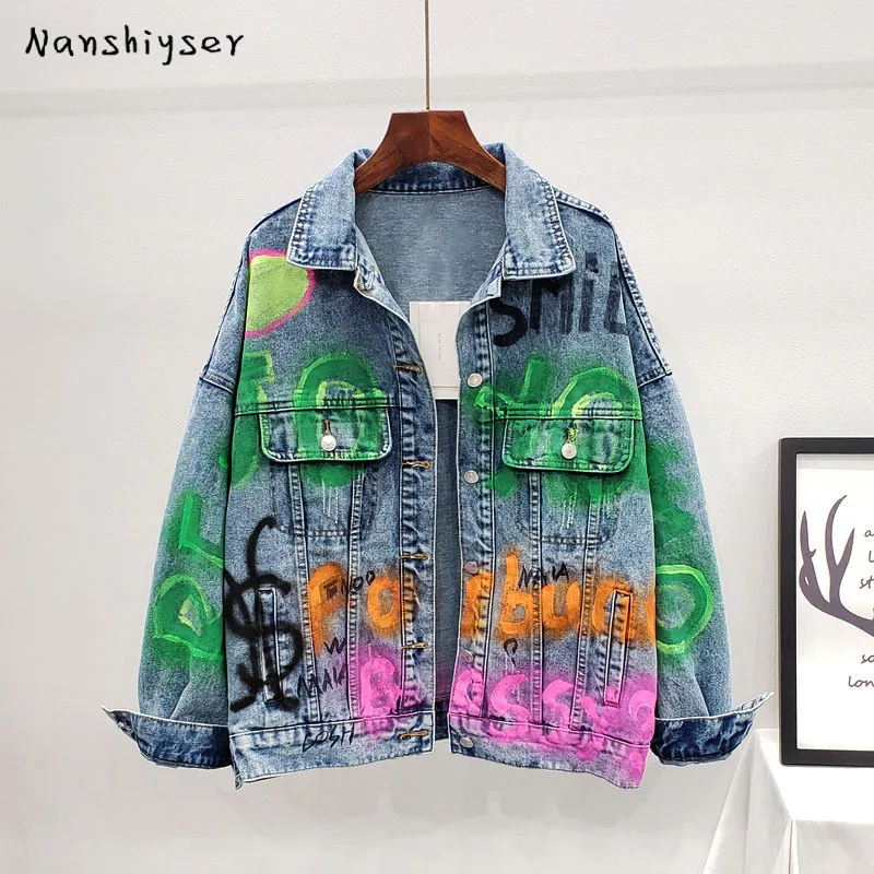 Autumn Fashion Women Letters Graffiti Print Harajuku Frayed Casual Denim jacket Chaqueta Mujer Casual Female coats Streetwear